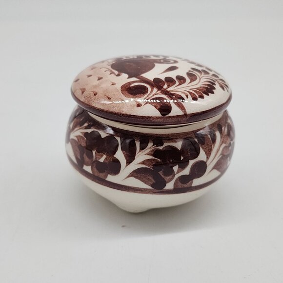 Mexican Hand Painted Ceramic Trinket Box With Floral & Bird Brown 3" Diameter - Picture 3 of 7